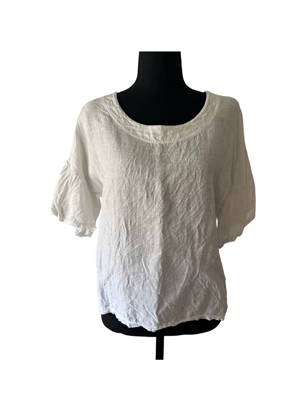 VIOLA BORGHI White 100% Linen Flutter Short Sleeve Top Shirt Size Small
